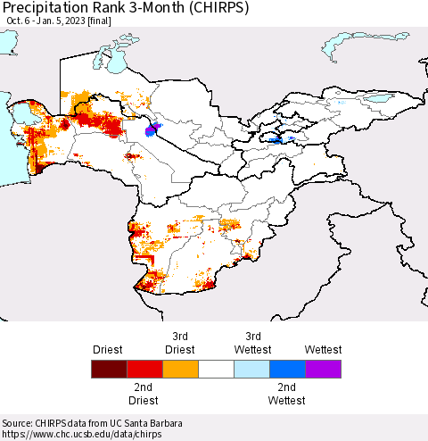 Central Asia Precipitation Rank since 1981, 3-Month (CHIRPS) Thematic Map For 10/6/2022 - 1/5/2023