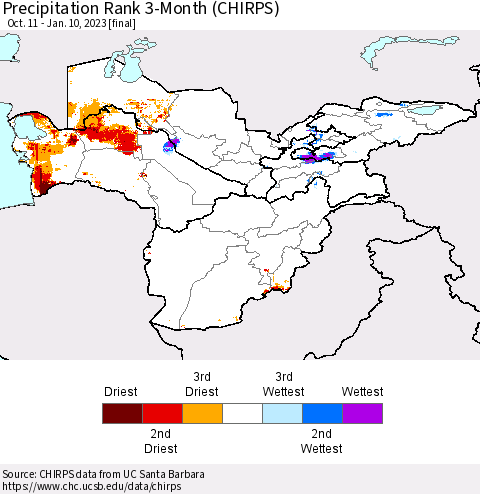 Central Asia Precipitation Rank since 1981, 3-Month (CHIRPS) Thematic Map For 10/11/2022 - 1/10/2023