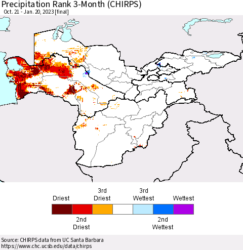 Central Asia Precipitation Rank since 1981, 3-Month (CHIRPS) Thematic Map For 10/21/2022 - 1/20/2023