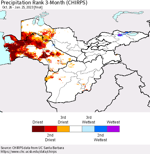 Central Asia Precipitation Rank since 1981, 3-Month (CHIRPS) Thematic Map For 10/26/2022 - 1/25/2023