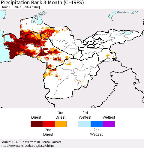 Central Asia Precipitation Rank since 1981, 3-Month (CHIRPS) Thematic Map For 11/1/2022 - 1/31/2023