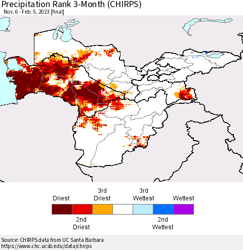 Central Asia Precipitation Rank since 1981, 3-Month (CHIRPS) Thematic Map For 11/6/2022 - 2/5/2023