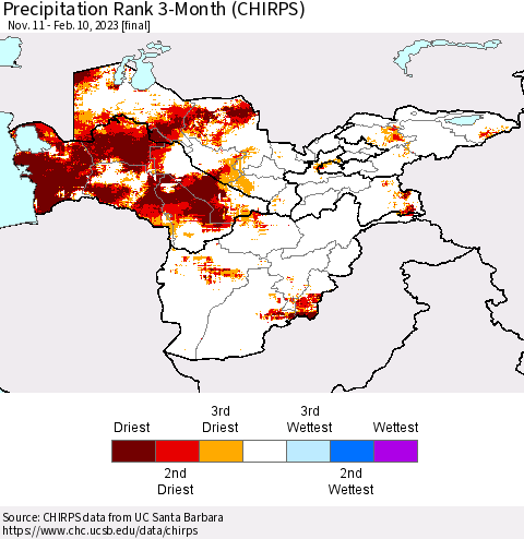 Central Asia Precipitation Rank since 1981, 3-Month (CHIRPS) Thematic Map For 11/11/2022 - 2/10/2023