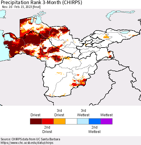 Central Asia Precipitation Rank since 1981, 3-Month (CHIRPS) Thematic Map For 11/16/2022 - 2/15/2023