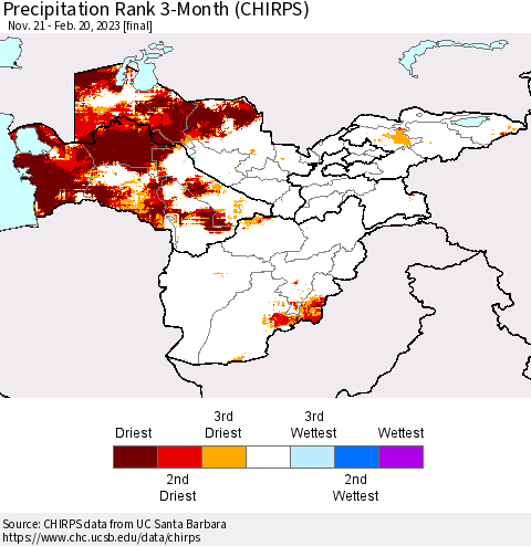 Central Asia Precipitation Rank since 1981, 3-Month (CHIRPS) Thematic Map For 11/21/2022 - 2/20/2023