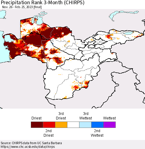 Central Asia Precipitation Rank since 1981, 3-Month (CHIRPS) Thematic Map For 11/26/2022 - 2/25/2023