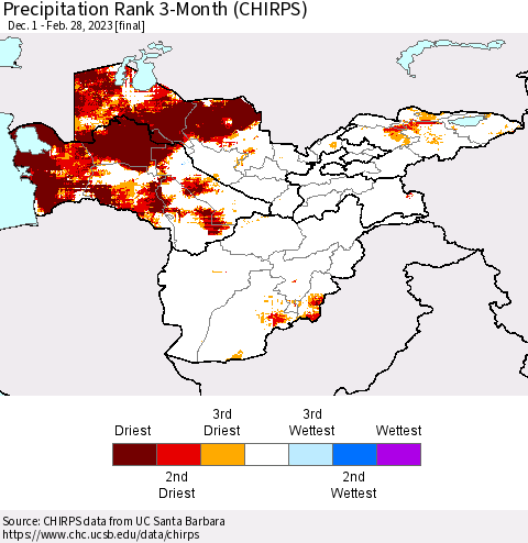 Central Asia Precipitation Rank since 1981, 3-Month (CHIRPS) Thematic Map For 12/1/2022 - 2/28/2023