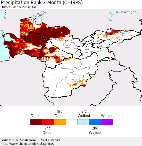 Central Asia Precipitation Rank since 1981, 3-Month (CHIRPS) Thematic Map For 12/6/2022 - 3/5/2023