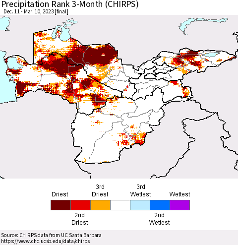 Central Asia Precipitation Rank since 1981, 3-Month (CHIRPS) Thematic Map For 12/11/2022 - 3/10/2023