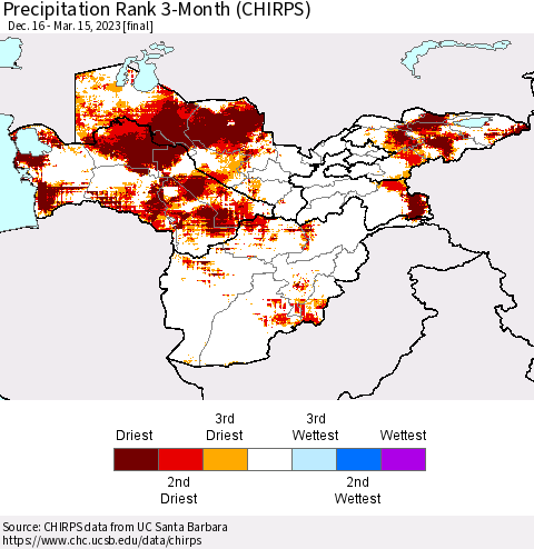 Central Asia Precipitation Rank since 1981, 3-Month (CHIRPS) Thematic Map For 12/16/2022 - 3/15/2023