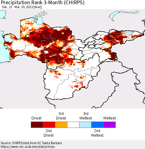 Central Asia Precipitation Rank since 1981, 3-Month (CHIRPS) Thematic Map For 12/21/2022 - 3/20/2023