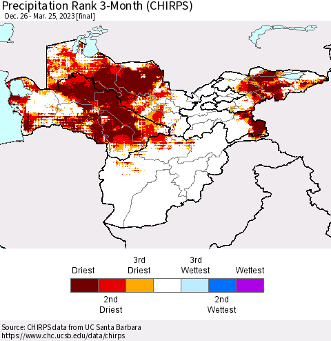 Central Asia Precipitation Rank since 1981, 3-Month (CHIRPS) Thematic Map For 12/26/2022 - 3/25/2023