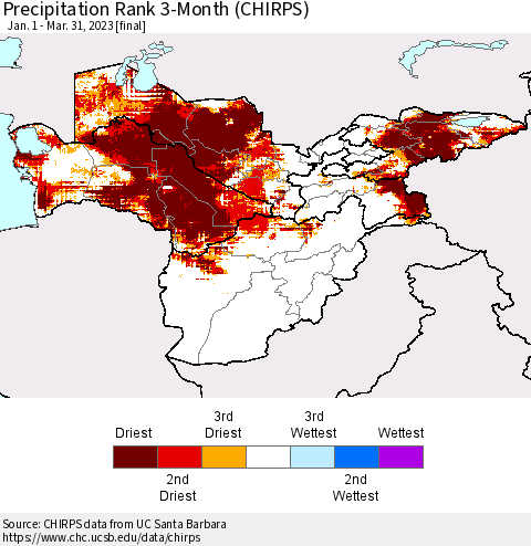 Central Asia Precipitation Rank since 1981, 3-Month (CHIRPS) Thematic Map For 1/1/2023 - 3/31/2023