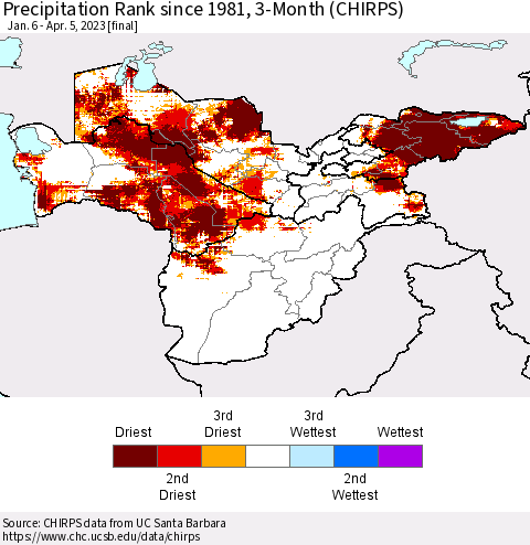 Central Asia Precipitation Rank since 1981, 3-Month (CHIRPS) Thematic Map For 1/6/2023 - 4/5/2023