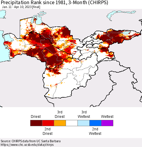 Central Asia Precipitation Rank since 1981, 3-Month (CHIRPS) Thematic Map For 1/11/2023 - 4/10/2023