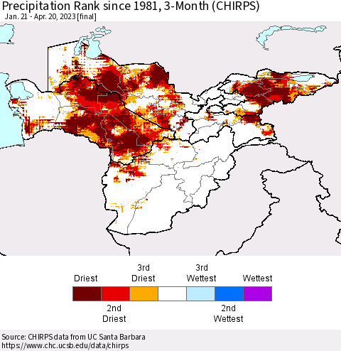Central Asia Precipitation Rank since 1981, 3-Month (CHIRPS) Thematic Map For 1/21/2023 - 4/20/2023