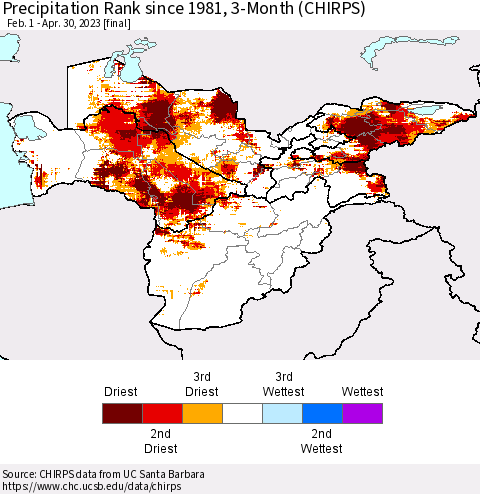 Central Asia Precipitation Rank since 1981, 3-Month (CHIRPS) Thematic Map For 2/1/2023 - 4/30/2023