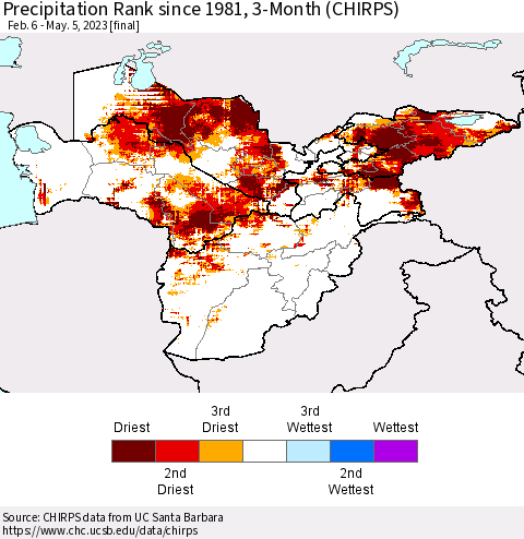 Central Asia Precipitation Rank since 1981, 3-Month (CHIRPS) Thematic Map For 2/6/2023 - 5/5/2023