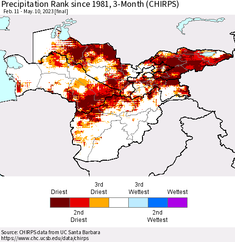 Central Asia Precipitation Rank since 1981, 3-Month (CHIRPS) Thematic Map For 2/11/2023 - 5/10/2023