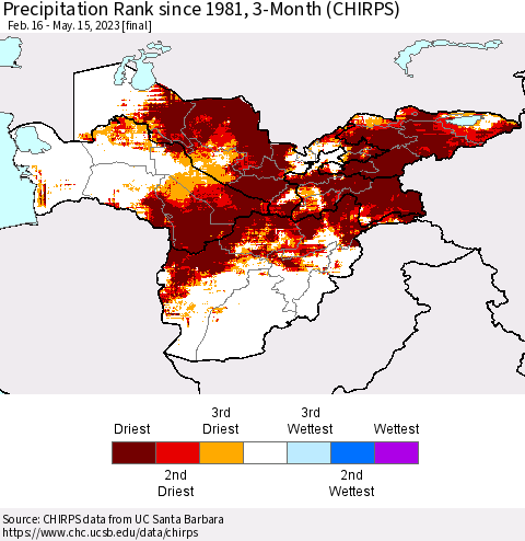 Central Asia Precipitation Rank since 1981, 3-Month (CHIRPS) Thematic Map For 2/16/2023 - 5/15/2023
