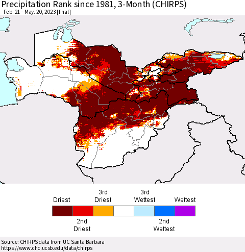 Central Asia Precipitation Rank since 1981, 3-Month (CHIRPS) Thematic Map For 2/21/2023 - 5/20/2023