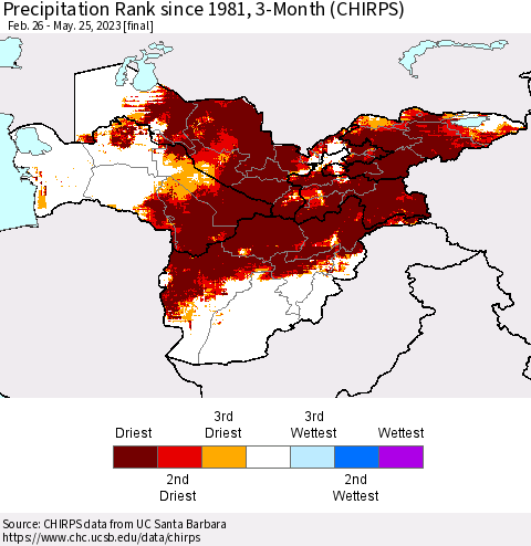 Central Asia Precipitation Rank since 1981, 3-Month (CHIRPS) Thematic Map For 2/26/2023 - 5/25/2023