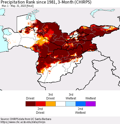 Central Asia Precipitation Rank since 1981, 3-Month (CHIRPS) Thematic Map For 3/1/2023 - 5/31/2023
