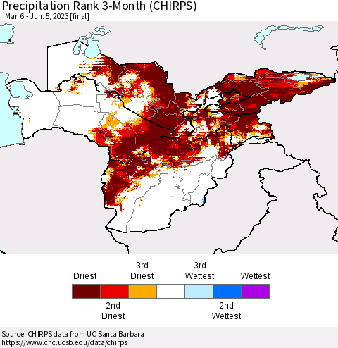 Central Asia Precipitation Rank since 1981, 3-Month (CHIRPS) Thematic Map For 3/6/2023 - 6/5/2023