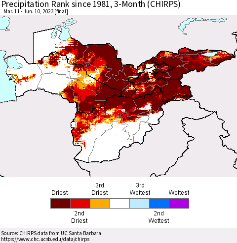 Central Asia Precipitation Rank since 1981, 3-Month (CHIRPS) Thematic Map For 3/11/2023 - 6/10/2023