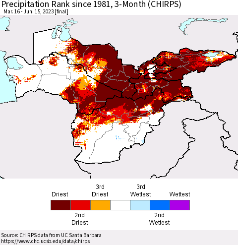 Central Asia Precipitation Rank since 1981, 3-Month (CHIRPS) Thematic Map For 3/16/2023 - 6/15/2023
