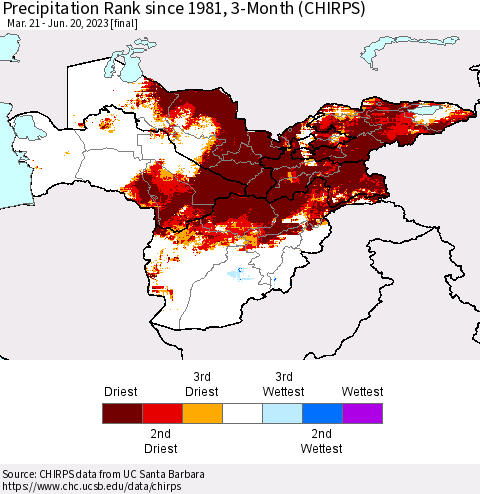 Central Asia Precipitation Rank since 1981, 3-Month (CHIRPS) Thematic Map For 3/21/2023 - 6/20/2023
