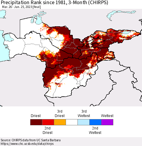Central Asia Precipitation Rank since 1981, 3-Month (CHIRPS) Thematic Map For 3/26/2023 - 6/25/2023