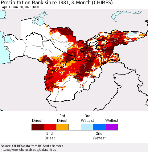 Central Asia Precipitation Rank since 1981, 3-Month (CHIRPS) Thematic Map For 4/1/2023 - 6/30/2023
