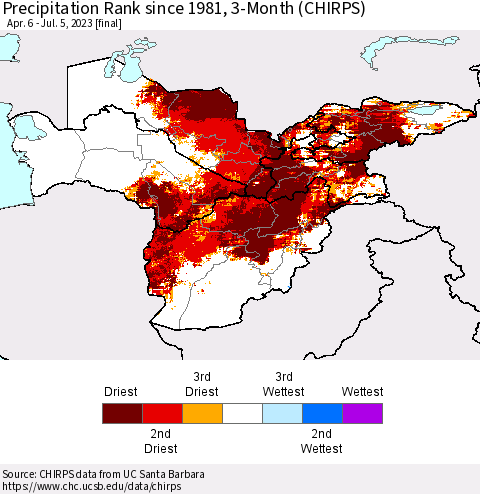 Central Asia Precipitation Rank since 1981, 3-Month (CHIRPS) Thematic Map For 4/6/2023 - 7/5/2023