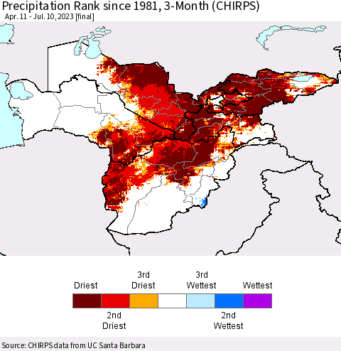Central Asia Precipitation Rank since 1981, 3-Month (CHIRPS) Thematic Map For 4/11/2023 - 7/10/2023