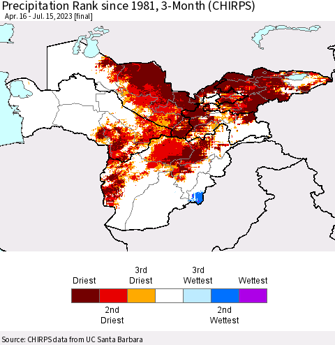 Central Asia Precipitation Rank since 1981, 3-Month (CHIRPS) Thematic Map For 4/16/2023 - 7/15/2023