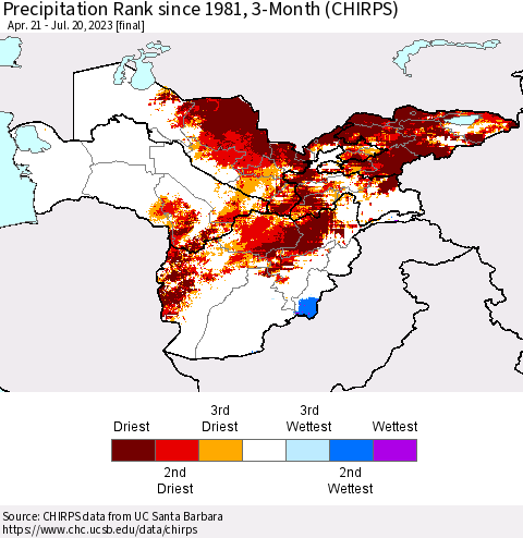 Central Asia Precipitation Rank since 1981, 3-Month (CHIRPS) Thematic Map For 4/21/2023 - 7/20/2023