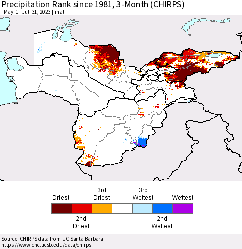 Central Asia Precipitation Rank since 1981, 3-Month (CHIRPS) Thematic Map For 5/1/2023 - 7/31/2023