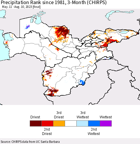 Central Asia Precipitation Rank since 1981, 3-Month (CHIRPS) Thematic Map For 5/11/2023 - 8/10/2023