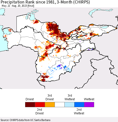 Central Asia Precipitation Rank since 1981, 3-Month (CHIRPS) Thematic Map For 5/21/2023 - 8/20/2023