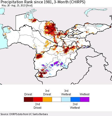 Central Asia Precipitation Rank since 1981, 3-Month (CHIRPS) Thematic Map For 5/26/2023 - 8/25/2023