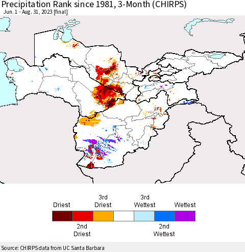 Central Asia Precipitation Rank since 1981, 3-Month (CHIRPS) Thematic Map For 6/1/2023 - 8/31/2023