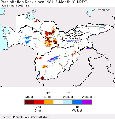 Central Asia Precipitation Rank since 1981, 3-Month (CHIRPS) Thematic Map For 6/6/2023 - 9/5/2023