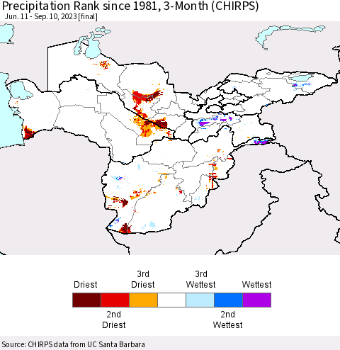 Central Asia Precipitation Rank since 1981, 3-Month (CHIRPS) Thematic Map For 6/11/2023 - 9/10/2023