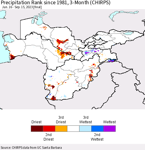 Central Asia Precipitation Rank since 1981, 3-Month (CHIRPS) Thematic Map For 6/16/2023 - 9/15/2023
