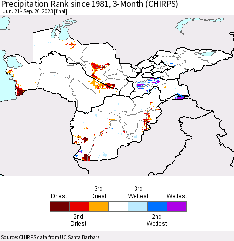 Central Asia Precipitation Rank since 1981, 3-Month (CHIRPS) Thematic Map For 6/21/2023 - 9/20/2023