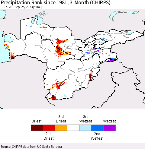 Central Asia Precipitation Rank since 1981, 3-Month (CHIRPS) Thematic Map For 6/26/2023 - 9/25/2023