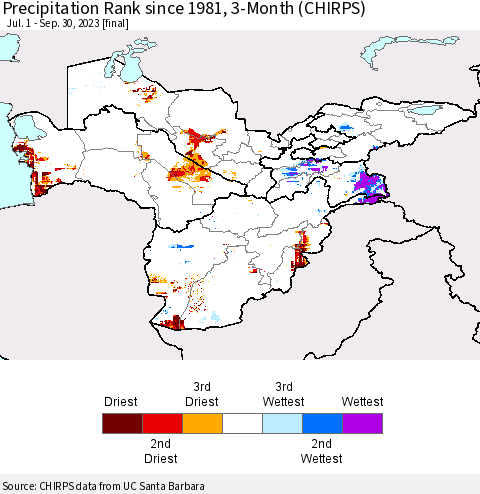 Central Asia Precipitation Rank since 1981, 3-Month (CHIRPS) Thematic Map For 7/1/2023 - 9/30/2023