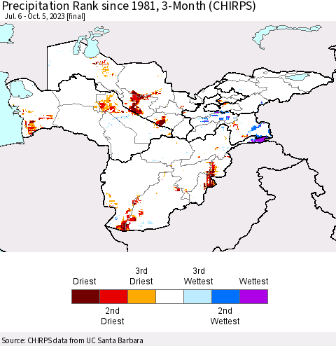 Central Asia Precipitation Rank since 1981, 3-Month (CHIRPS) Thematic Map For 7/6/2023 - 10/5/2023