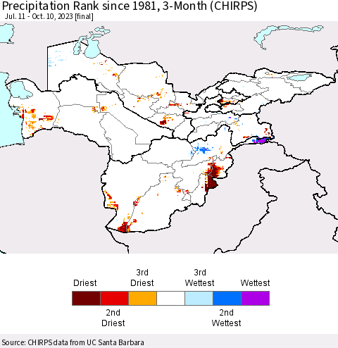 Central Asia Precipitation Rank since 1981, 3-Month (CHIRPS) Thematic Map For 7/11/2023 - 10/10/2023